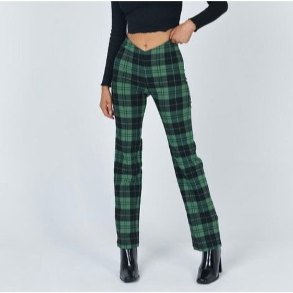 Princess Polly Green & Black Plaid High-Waisted Women's Pants Size 0